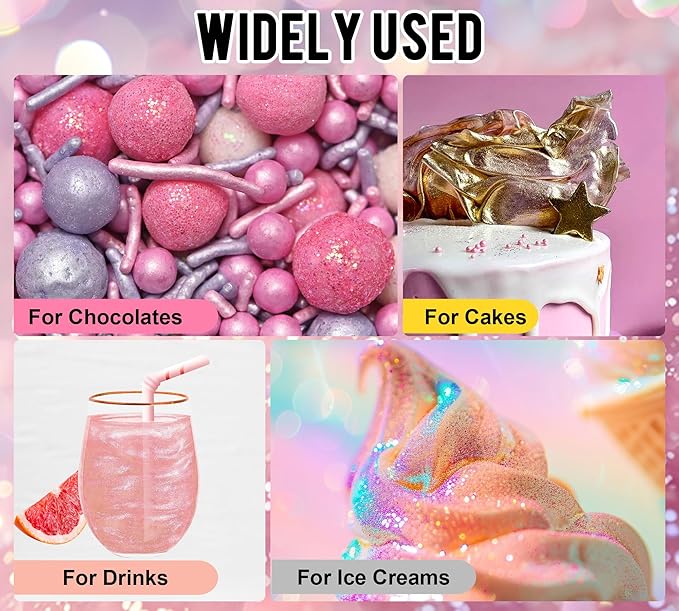 Edible Glitter Set, 4 Colors Luster Dust Edible Powder for Cake Decorating, Food Grade Vegan Edible Glitter for Drinks, Cocktails, Shimmer Metallic Food Coloring Powder for Chocolate(5g/Bottle)