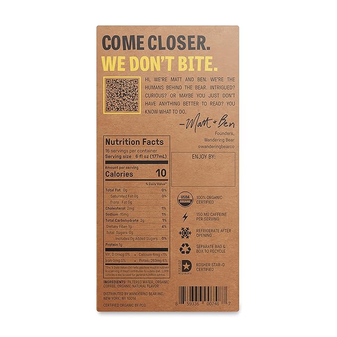 Wandering Bear Organic Caramel Cold Brew Coffee On Tap, 96 fl oz - Extra Strong, Bold, Smooth, Unsweetened, Shelf-Stable, Ready to Drink, Gluten Free, & Vegan, Iced Cold Brewed Coffee Drinks