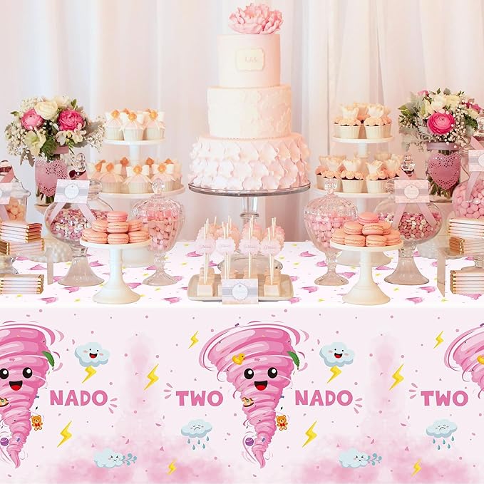 Two Nado Party Tablecloths - 3Pcs Pink Tornado Birthday Party Table Covers Decorations, Cute Two Nado Themed Rectangular Plastic Disposable Table Cloth Decor for Baby Girls 2nd Birthday Baby Shower