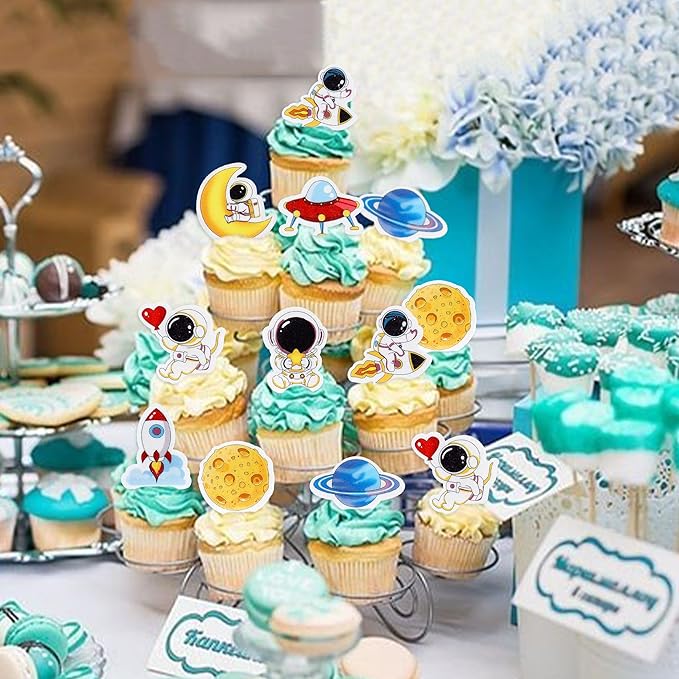 40Pcs Edible Outer Space Cupcake Toppers Space Astronaut Cupcake Picks Rocket Planet Trip to the Moon Cake Decoration for Outer Space Astronaut Theme Baby Shower Birthday Party Decorations