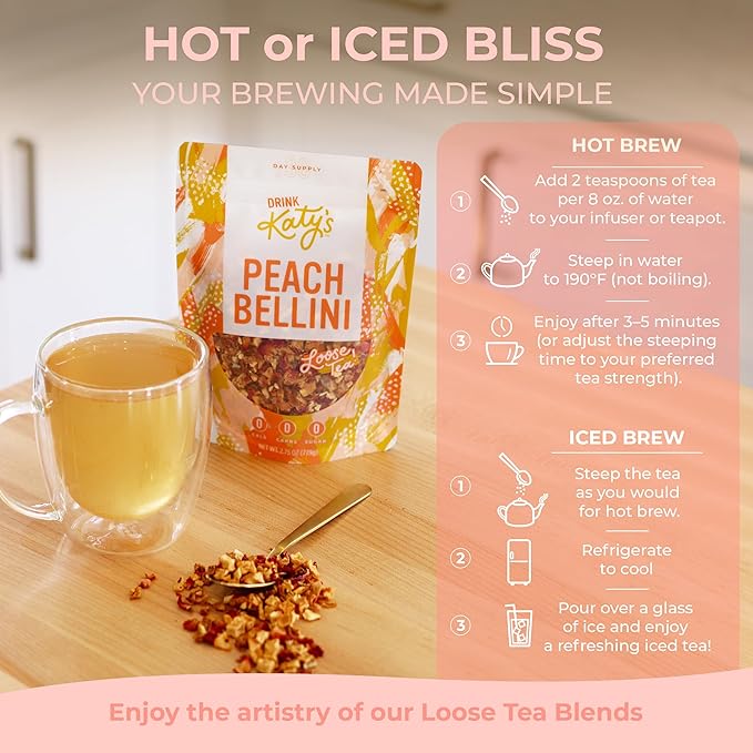 Katy?™s Peach Bellini Loose Leaf Tea | Fruity & Refreshing Light White Herbal Tea | Apple, Peach & Mango | Caffeine-Free Tea | 30+ Cups | Hot or Iced | Premium Quality, Woman-Owned | 2.75oz Pouch