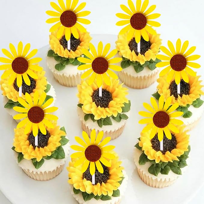 30 Pack Sunflower Cupcake Toppers Glitter Baby Shower Sunflower Cupcake Picks for Gender Reveal Theme Baby Shower 1st Birthday Party Cake Decorations Supplies Yellow