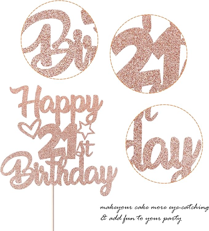 1 Pack Happy 21st Birthday Cake Topper - Glitter Heart Star 21 Fabulous Cake Pick - Rose Gold