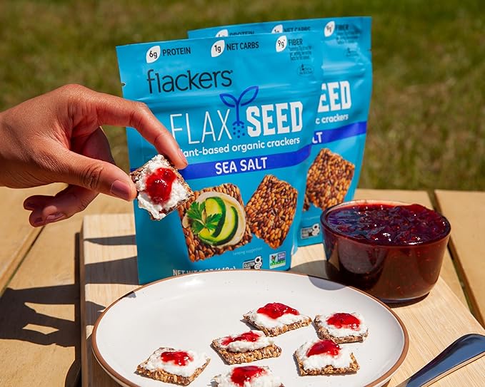 Flackers Organic Sea Salt Flaxseed Crackers, 5 Ounce 12-Pack, Gluten Free, Non GMO, Vegan, Keto Snack, 9g Fiber, 1g Net Carb