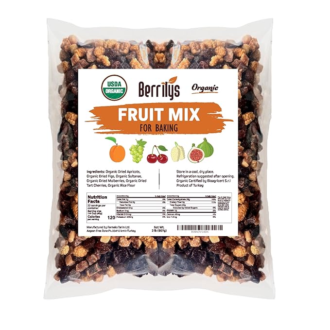 Berrilys Dried Fruit Mix, 2 Lbs, Organic, Diced Figs, Diced Apricots, White Mulberries, Sultanas, Sour Cherries, No Sugar Added, Trail Mix for Baking and Snacking