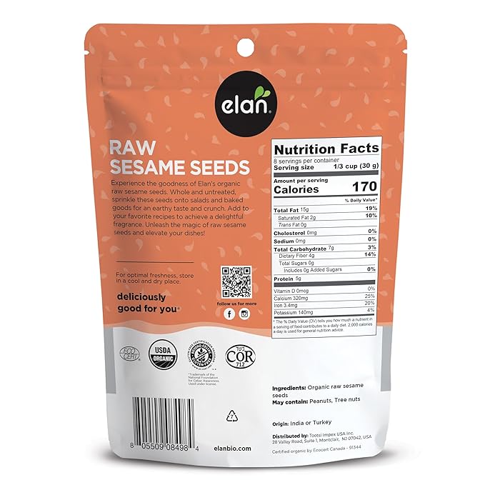 Elan Organic Sesame Seeds, Non-GMO, Vegan, Gluten-Free, 8.8 oz (Pack of 2)