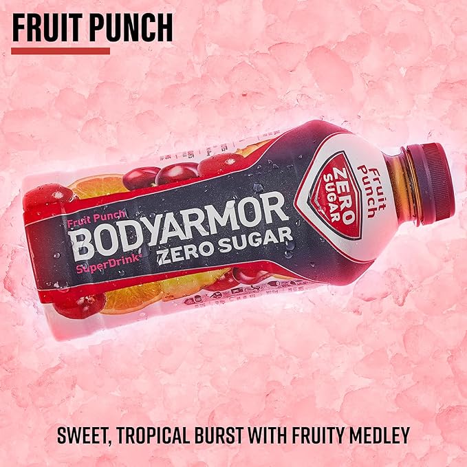 BODYARMOR ZERO Sugar Fruit Punch, Sugar Free Sports Drink - Low-Calorie Hydration - Natural Flavors with Potassium Packed Electrolytes, Antioxidants, and B-vitamins, 28 fl oz (Pack of 12)