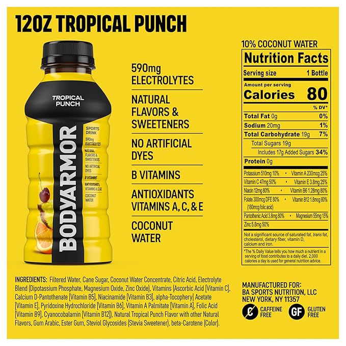 BODYARMOR Sports Drink Sports Beverage, Tropical Punch, Coconut Water Hydration, Natural Flavors With Vitamins, Potassium-Packed Electrolytes, Perfect For Athletes, 12 Fl Oz (Pack of 8)