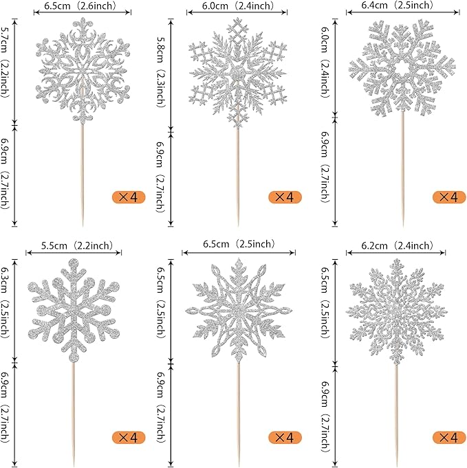Rsstarxi 24 Pack Snowflake Cupcake Toppers Silver Glitter Winter Frozen Theme Cupcake Picks for Snowflake Winter Wonderland Baby Shower Kids Birthday Christmas Party Cake Decorations