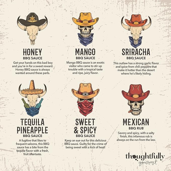 Thoughtfully Gourmet, Wild Western-Themed BBQ Sauce and Rubs Book Gift Set, Includes Honey, Montreal Rub & More, Set of 12
