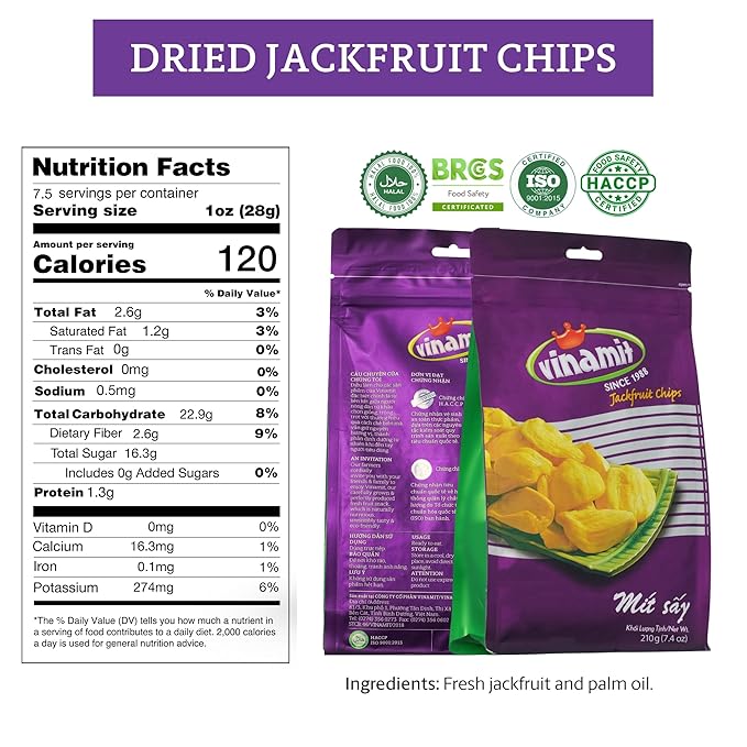 Vinamit Dried Jackfruit Chips | Vacuum Fried Dried Jackfruit | Pack 2 of 7.4 oz Bag | Naturally Sweet & Crispy | Gluten-Free, Vegan, Non GMO | High Fiber Snack | Perfect for Gifting, Travel, Clean Eating