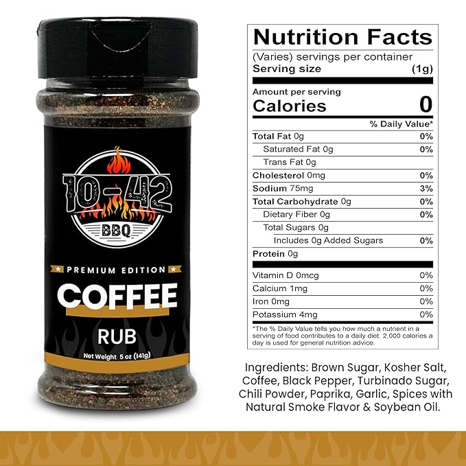 10-42 BBQ Coffee Meat Rub (NO MSG, Low Sodium) 0 Calorie | Premium Edition Steak Seasoning and Dry Rubs | Barbecue Spice Mix for Grilling Meat | Savory Flavor with Incredible Crust | 5 oz