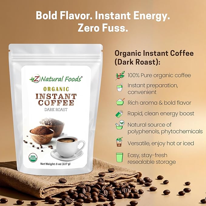 Z Natural Foods Organic Instant Coffee Powder - Rich Dark Roast Flavor, Arabica Instant Espresso Powder with Antioxidants to Boost Energy, Mood & Focus - Gourmet Coffee in Resealable Bag, 8 oz