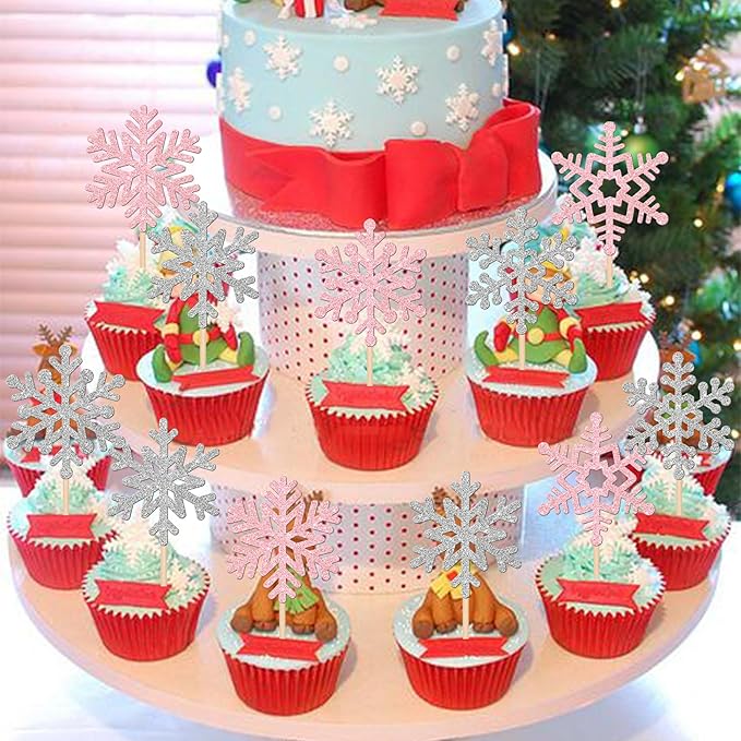 24 PCS Snowflake Cupcake Toppers Glitter Frozen Snowflake Cupcake Picks Winter Wonderland Cake Decorations for Winter Frozen Theme Baby Shower Kids Birthday Christmas Party Supplies Silver Pink