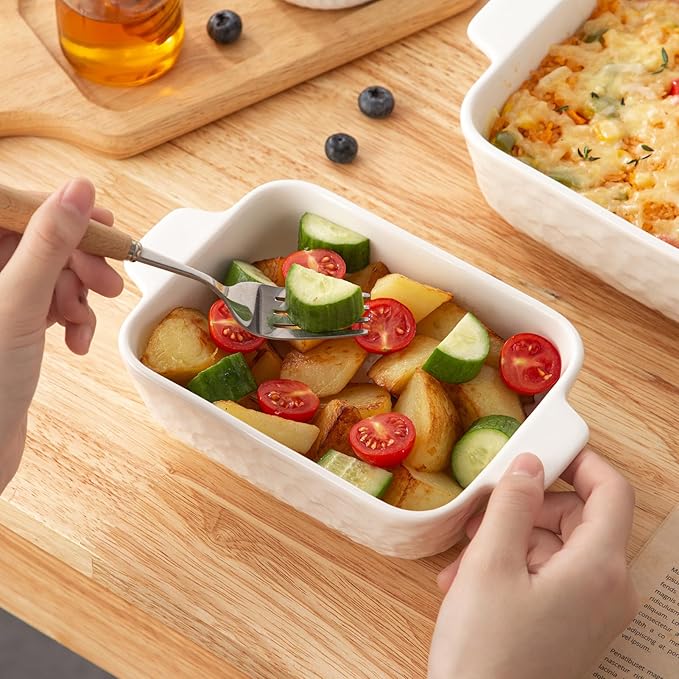 YUN TAO Casserole Plates for Oven Ceramic Baking Pan Ceramic Baking Pan Rectangular Bakeware Pan with Handle for Baking Cake Kitchen Cake Dinner Set of 3 (3 Pieces, White)