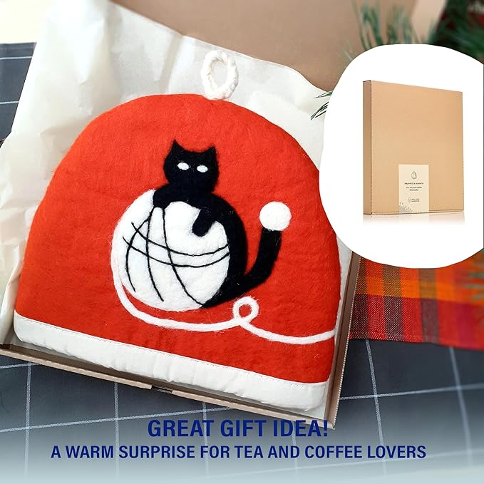 Tea Cozy for Teapot Large - Keep Your Brew Warm and Stylish with This Felted Tea Cosy, Enhancing Flavor and Aesthetics - Fits 6-Cup Teapot & 34oz French Press (Black cat, red)