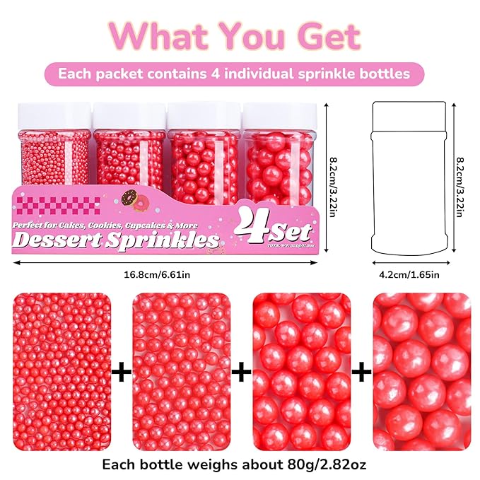 Red Pearl Sprinkles for Cake Decorating, 11.3 Oz Edible Pearls Sugar 4 Sizes Gift Box Set for Baking Cookie Ice Cream Cupcake Toppings