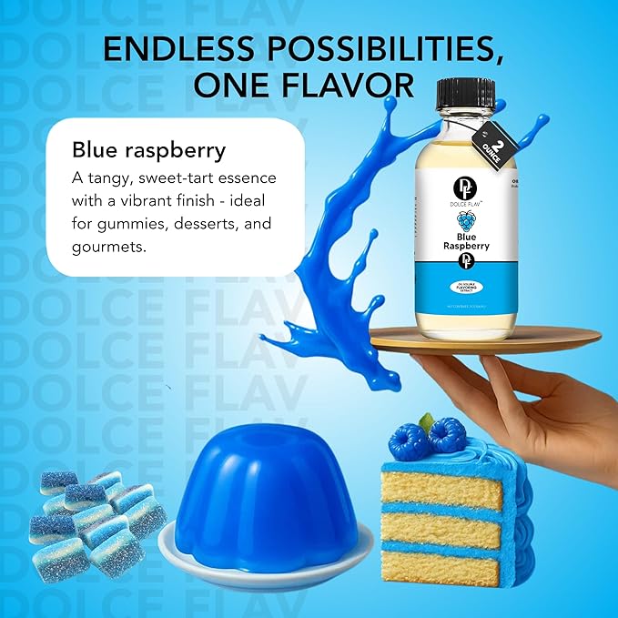 Dolce Flav Blue Raspberry Extract ??2 Ounce Oil-Soluble Kosher, Sugar-Free, Concentrated Blue Raspberry Flavoring for Baking, Chocolates & Desserts, Includes Measured Dropper