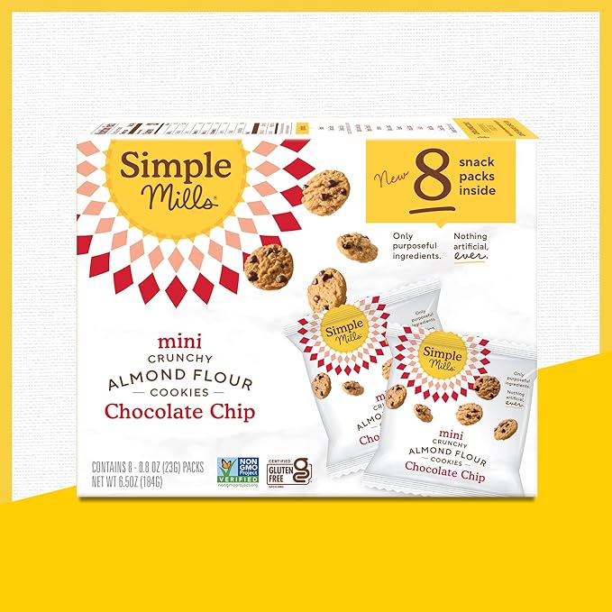 Simple Mills Almond Flour Mini Chocolate Chip Cookie Snack Packs, Gluten Free and Delicious Crunchy Cookies, Organic Coconut Oil, Good for Snacks, Made with Purposeful Ingredients, 8ct (Pack of 1)