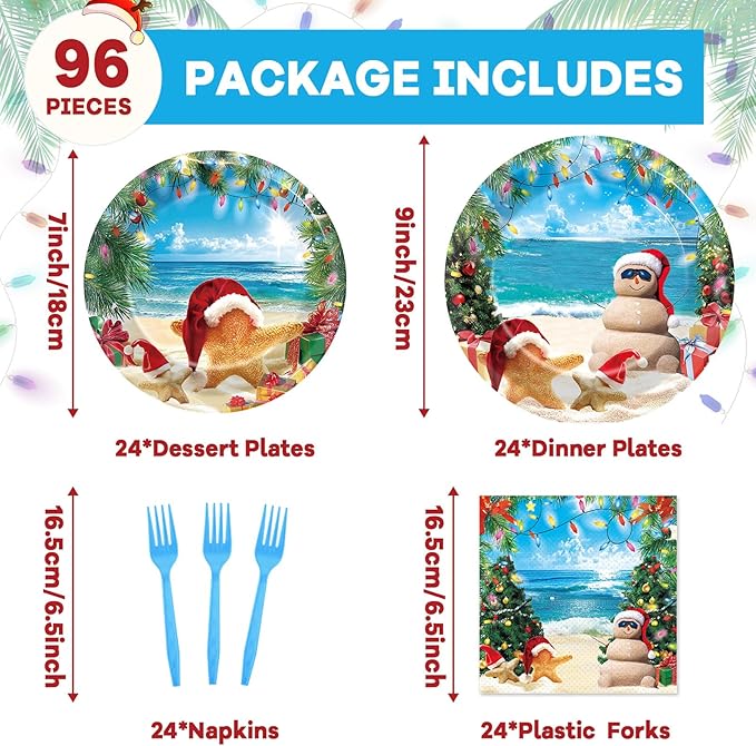 96 Pcs Summer July Christmas Plates and Napkins Xmas in July Party Decorations Disposable Dessert Plates Hawaiian Beach Tableware Set for 24 Guests Tropical Birthday Party Supplies
