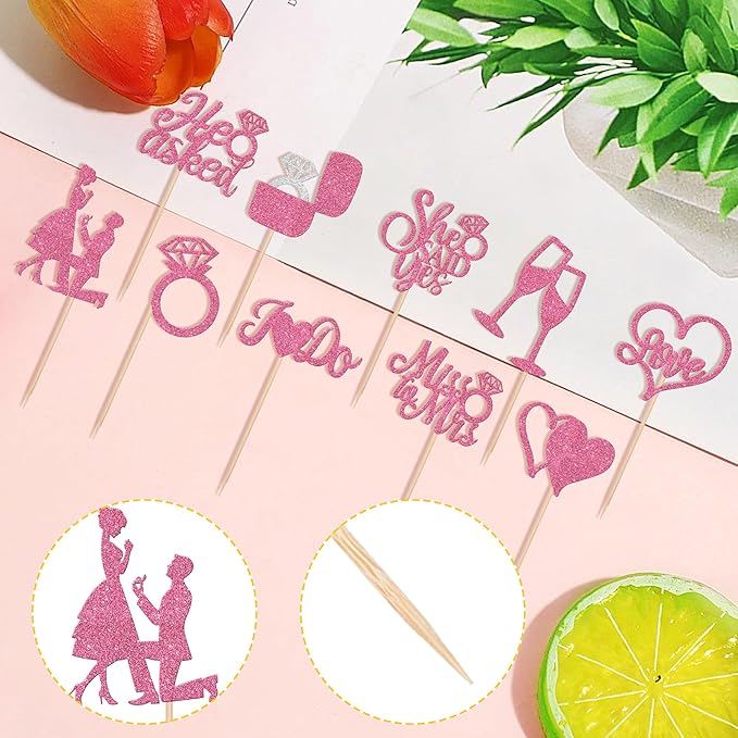 30 PCS He Asked She Said Yes Cupcake Toppers Glitter Engagement Cupcake Toppers Miss to Mrs I Do Love Heart Ring Miss to Mrs Cupcake Picks for Wedding Engagement Party Cake Decorations Supplies Pink