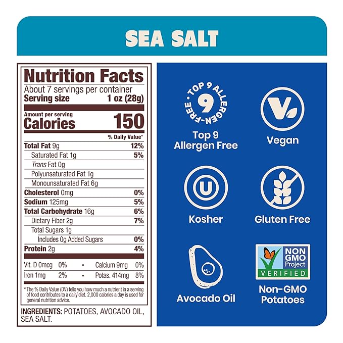 Jackson?™s Potato Classic Kettle Chips with Sea Salt (7oz, Pack of 6) - Made with Premium Avocado Oil - Allergen-friendly, Gluten Free, Peanut Free, Vegan, Kosher - Shark Tank Product