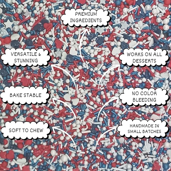 Confect Cake Mate Dessert Sprinkles ??Edible Red, White & Navy blue Heart, Star, Pearl & Vermicelli Sprinkles ??Toppings for Cake Decorating, Baking, Cupcakes, Cookies & Ice Cream | Vegan, Gluten-Free, Soy-Free, Dairy-Free, Palm Oil-Free- 4.2 Oz