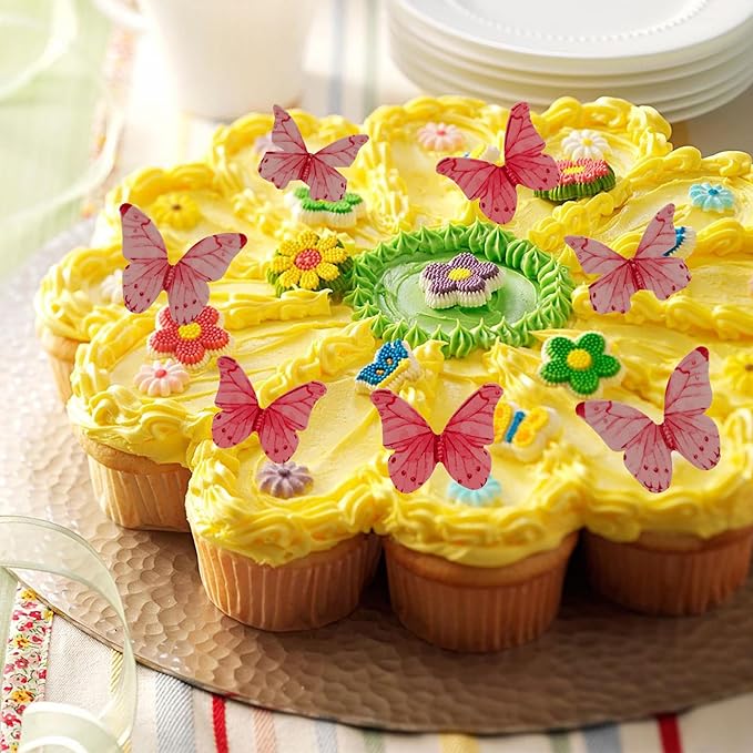 40Pcs Edible Wafer Paper Butterfly Cupcake Toppers 3D Cake Realistic Pastel Butterfly Decoration for Birthday Party Wedding Food Decorations - Pink