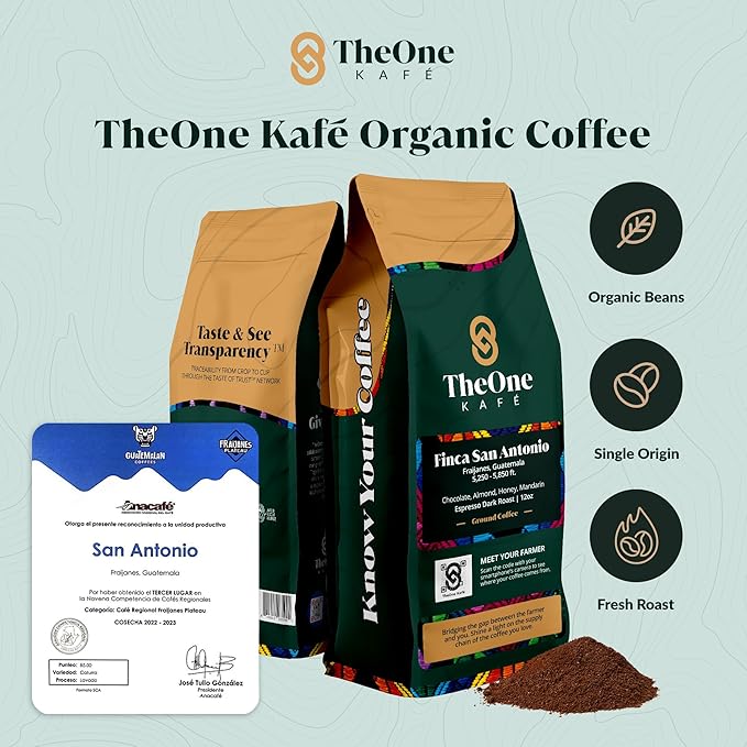 TheOne Kafé Guatemala Dark Roast Ground Coffee ??Organic, Single Origin, Premium Specialty Coffee and Ethically Sourced ??Fresh Roasted for Espresso, Drip, Pour Over ??12 oz (Pack of 2)