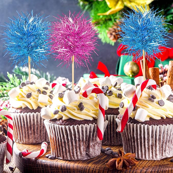 Chinco 100 Pcs Foil Firework Cupcake Toppers Sparkle Tinsel Cake Toppers Cake Decoration Cocktail Fruit Toothpick for Birthday Wedding Graduation Party(Pink, Light Blue)