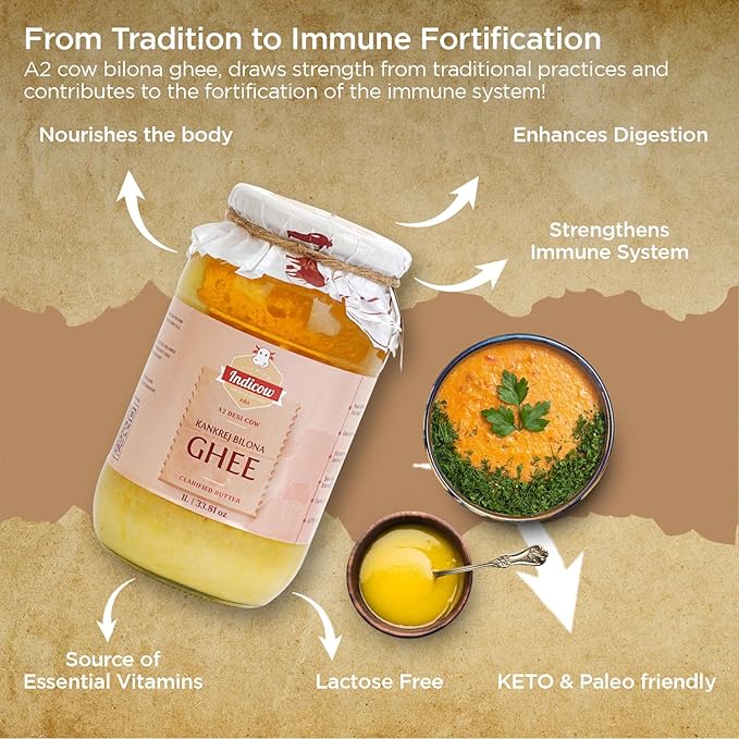 Indicow A2 Desi Kankrej Cow Ghee | Clarified Butter | Grass Fed, Pasture Raised Clarified Butter Fat, Keto, Paleo, Lactose Free, Casein Free, Non-GMO | a2 ghee grass fed(1000ML(33.8oz), A2 Cow Ghee) | Price Revision soon