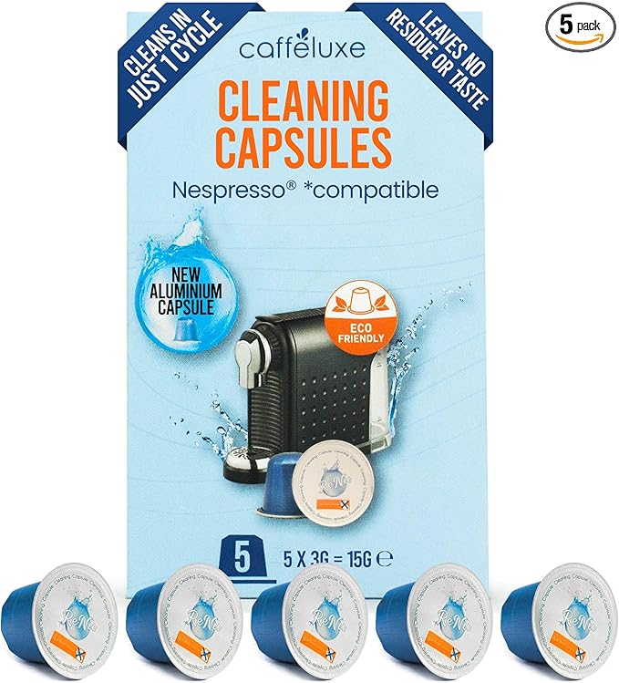 Caff챕luxe Coffee Machine Descaler Capsules ??Nespresso Compatible Coffee Maker Cleaner Pods ??Aluminum Cleaning Pods for One-Cycle Cleaning with No Residue or Aftertaste (5 Pack)