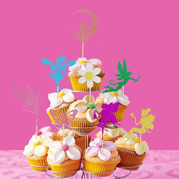 24Pcs Fairy Cupcake Toppers Flower Angel Fairy Butterfly Flower Cupcake Picks for Wedding Bridal Shower Baby Shower Birthday Party Cake Decorations Supplies