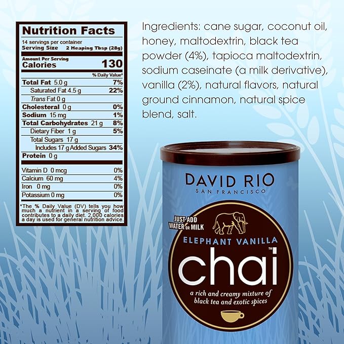 Tiger Spice + Elephant Vanilla Chai Tea Latte Mix (2 Pack) Decaf Black Tea, Organic Spices, Dairy Free, Serve Hot or Cold, Just Add Water or Milk
