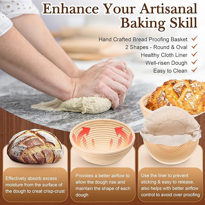TeamFar Sourdough Bread Baking Supplies, 9??Round and 10??Oval Sourdough Starter Kit, Proofing Basket Set with Cloth Liner, Bread Lame, Whisk Dough, Bowl Scraper, Brush