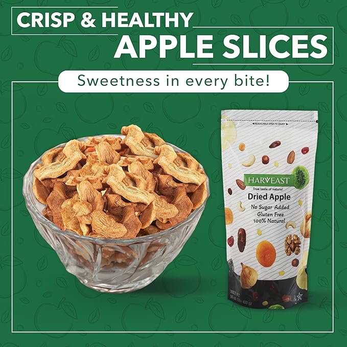 HARVEAST Dried Apples - Dehydrated Sliced Apple Snack - Tender & Sweet Whole Dried Fruits - Vegan Treats in Resealable Pack - Sugar Free, Non-GMO, Unsulfured, Gluten Free & Kosher (20 Oz, 2 Packs)