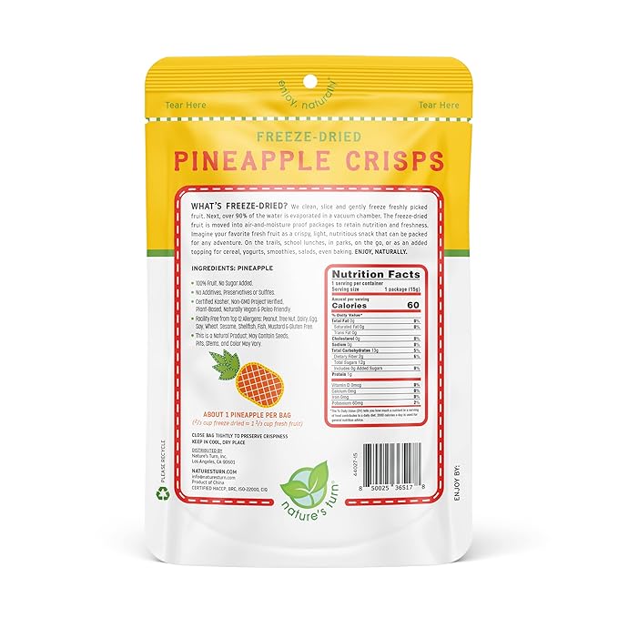 Nature’s Turn Freeze-Dried Pineapple Crisps – Healthy, Gluten-Free, Crispy & Delicious, Plant-Based Snack, Ideal for Cereal, Smoothies, School Lunches, & On-the-Go, Pack of 12 (0.53 oz Each)