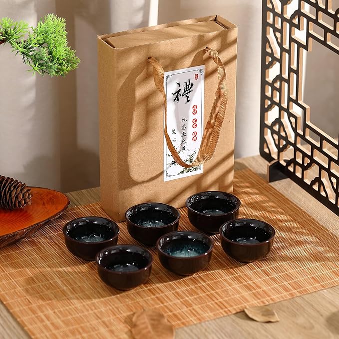 Skyley 6 Pieces Korean Soju Shot Glasses Sets Porcelain Cups Korean Ceramic Cups Tea Accessories Drinkware, Handcrafted Ceramic(Dark Brown,Sand Gold Pattern)
