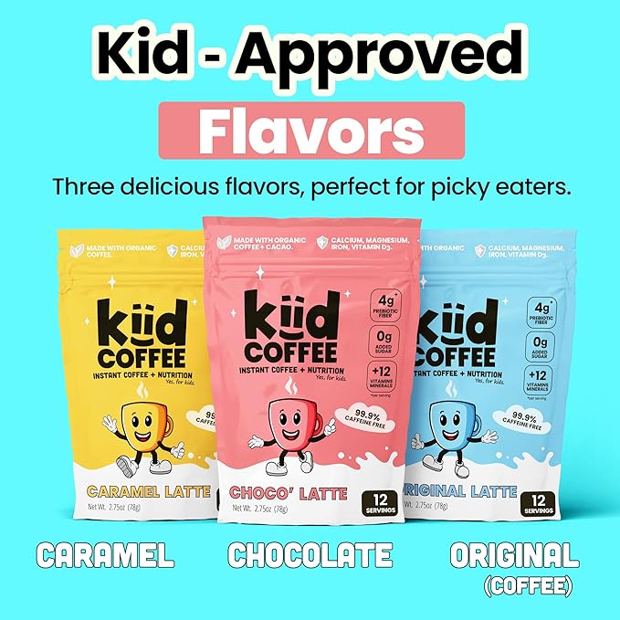 Kiid Coffee - 99.9% Caffeine-Free Organic Coffee for Kids - As Seen on Shark Tank - 12 Vitamins & Minerals, 4g Prebiotics, 0g Sugar - Non-GMO & Gluten-Free - Healthy Snack - Caramel - 30 Servings