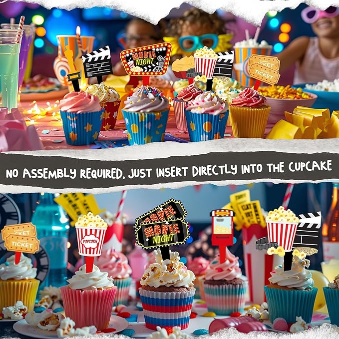 40 Pcs Movie Night Cupcake Toppers - Perfect Party Decorations for Birthdays, Hollywood Baby Showers, and Themed Cakes