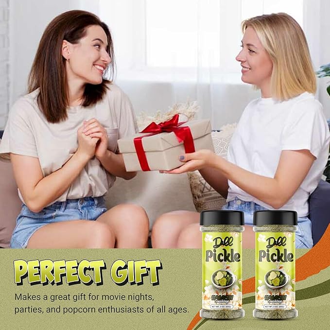 Dill Pickle Popcorn Seasoning Shaker ??2 Pack Tangy Snack Blend with Premium Dill & Vinegar ??Bold Gourmet Sprinkle for Popcorn, Chips, Fries, Veggies, Potatoes, Sandwiches, Snacks, Meals, Parties