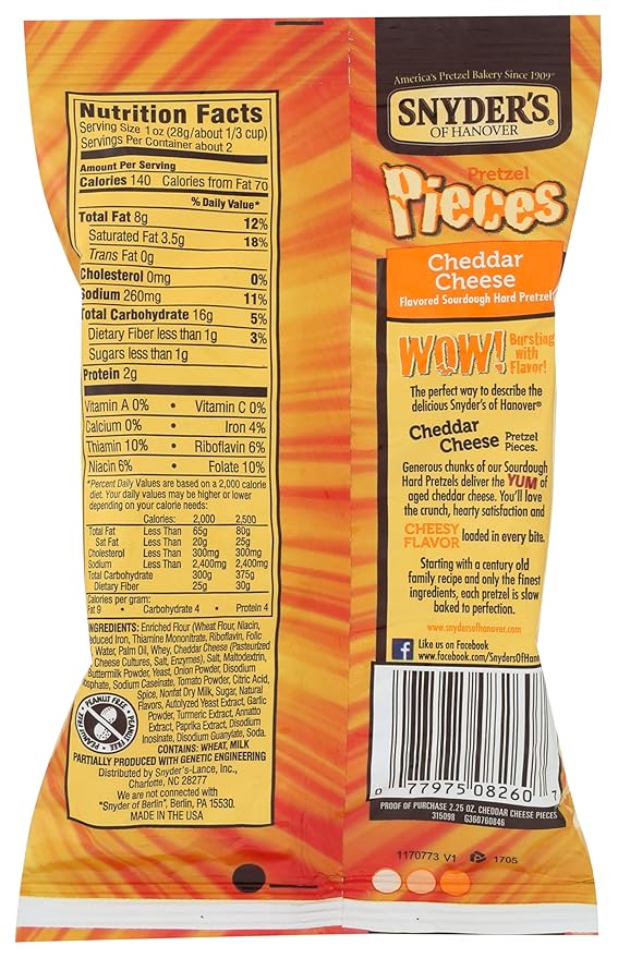 Snyder's of Hanover Pretzel Pieces, Cheddar Cheese, 2.25 oz Pack of 12