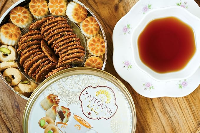 Zaitoune Premium Mini Mixed Cookies - 9 oz | Bite-Sized Date Maamoul, Barazek & Ghraybeh Cookie Mix | Handcrafted in Turkey | Beautiful Reusable Gift Tin | Perfect with Tea | Great Sharing Present