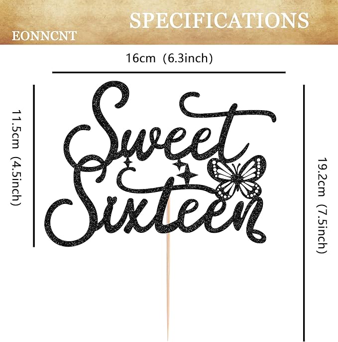 Sweet Sixteen Cake Topper - Black Glitter Butterfly Theme Sweet 16 Birthday Cake Decorating Supplies for Girls, Sweet 16 Cake Topper for Happy 16th Birthday Party Supplies Photo Booth Props