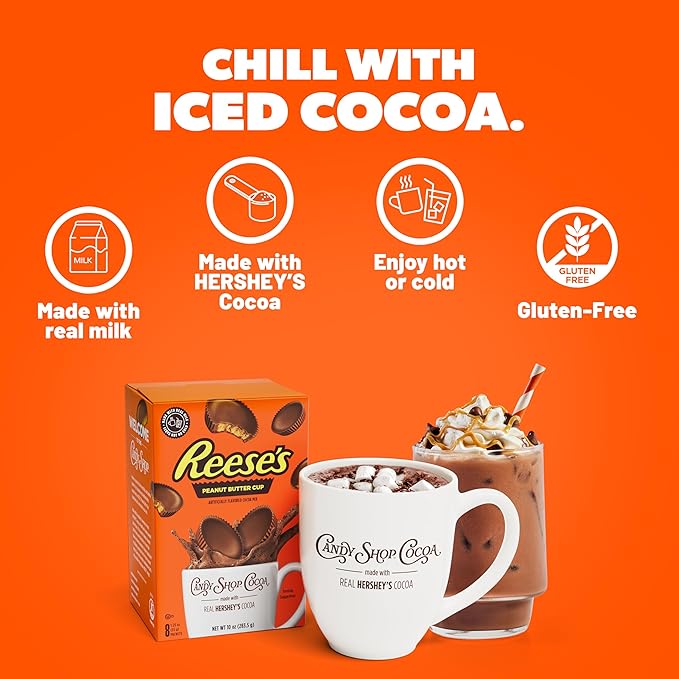 Candy Shop Cocoa REESE'S Peanut Butter Cup Cocoa Mix, Hot Chocolate, Make Hot or Iced Cocoa, Made With Real Milk, Gluten Free, 1.25 oz packet (24 count)