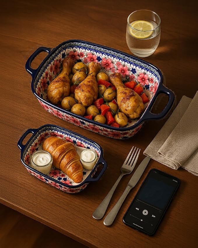 Ceramic Baking Dish Set of 2 ??Decorative Polish Pottery Style Casserole Dishes with Handles, Cute Oven-Safe Lasagna Bakeware Gift Set