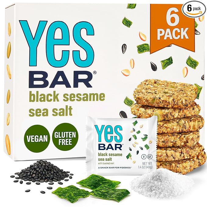 YES Bar ??Black Sesame Sea Salt ??Plant Based Protein, Decadent Snack Bar ??Vegan, Paleo, Gluten Free, Dairy Free, Low Sugar, Healthy Snack, Breakfast, Low Carb, Keto Friendly (Pack of 6)