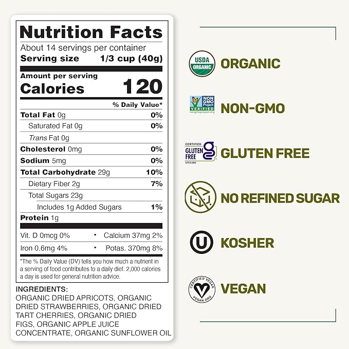Happy Village Organic Dried Fruit Mix - Apricots, Figs, Strawberries & Tart Cherries, 20 OZ - Kosher, Non-GMO, No Refined Sugar, Vegan, Unsulfured Dried Fruit Medley