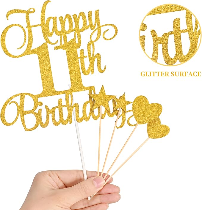 11th Birthday Cake Decorations, 11th Birthday Candles Cake Numeral Candles and Glitter Happy 11th Birthday Cake Toppers Set for Birthday Party Supplies (Gold)