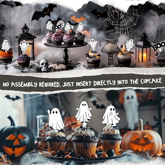 40 Pcs Ghost Cupcake Toppers - Spooky Party Decorations for Ghost-Themed Birthdays, Baby Showers, and Halloween Cakes